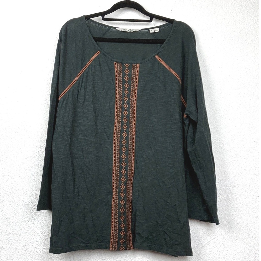 Orvis Dark Teal Embroidered Raglan Top - L - Cotton Modal Early Fall Look